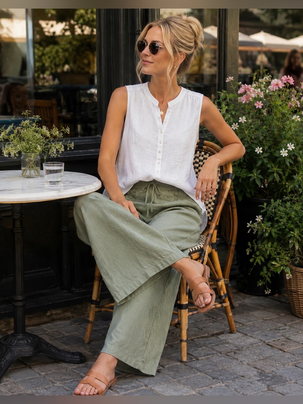 Women's White Sleeveless Linen Henley Camisole